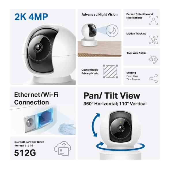 Tp-Link CAMERA IP, cube, pt. interior, wireless + 1×10/100 Mbps RJ45, dist. IR 12 m, Tapo C222 - imagine 3