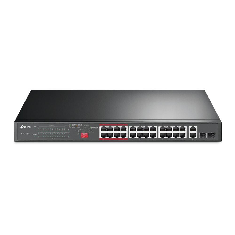 Tp-Link Switch, 24-Port 10/100Mbps + 2-Port Gigabit Unmanaged PoE+, 2× combo Gigabit SFP, TL-SL1226P