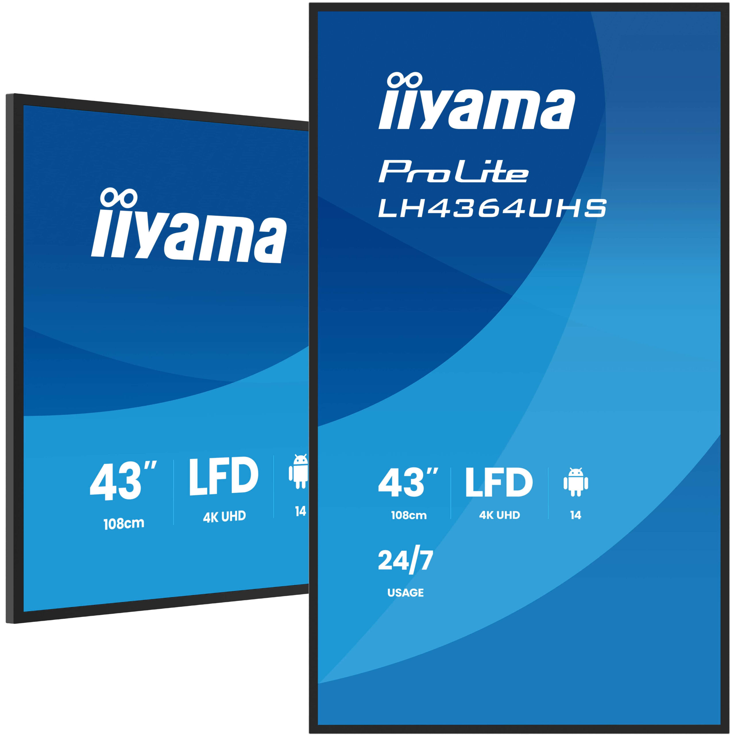 Iiyama LFD 43 UHD VA 3840 x 2160 60Hz 500 cd 4000:1 6.5ms Android 14OS iiSignage2, LH4364UHS-B1AG
