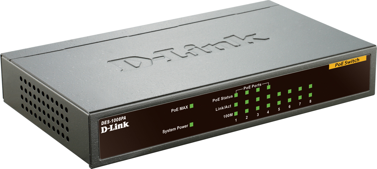 D-Link SWITCH PoE 8 porturi 10/100Mbps (4 PoE), IEEE 802.3af, carcasa metalica, DES-1008PA