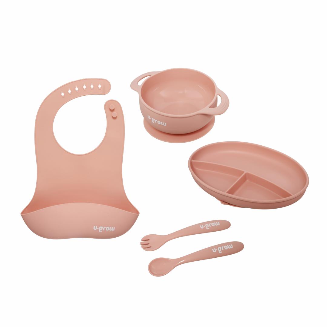 U-GROW Set diversificare 5 piese silicon : baveta, bol, farfurie, lingurita si furculita, UG-SET2PK