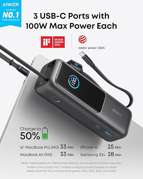 Anker POWER BANK 25.000 mAh, 165W 2 x cablu USB-C incorporat, 3 x USB-C (max 100W per, A1695H11 - imagine 2