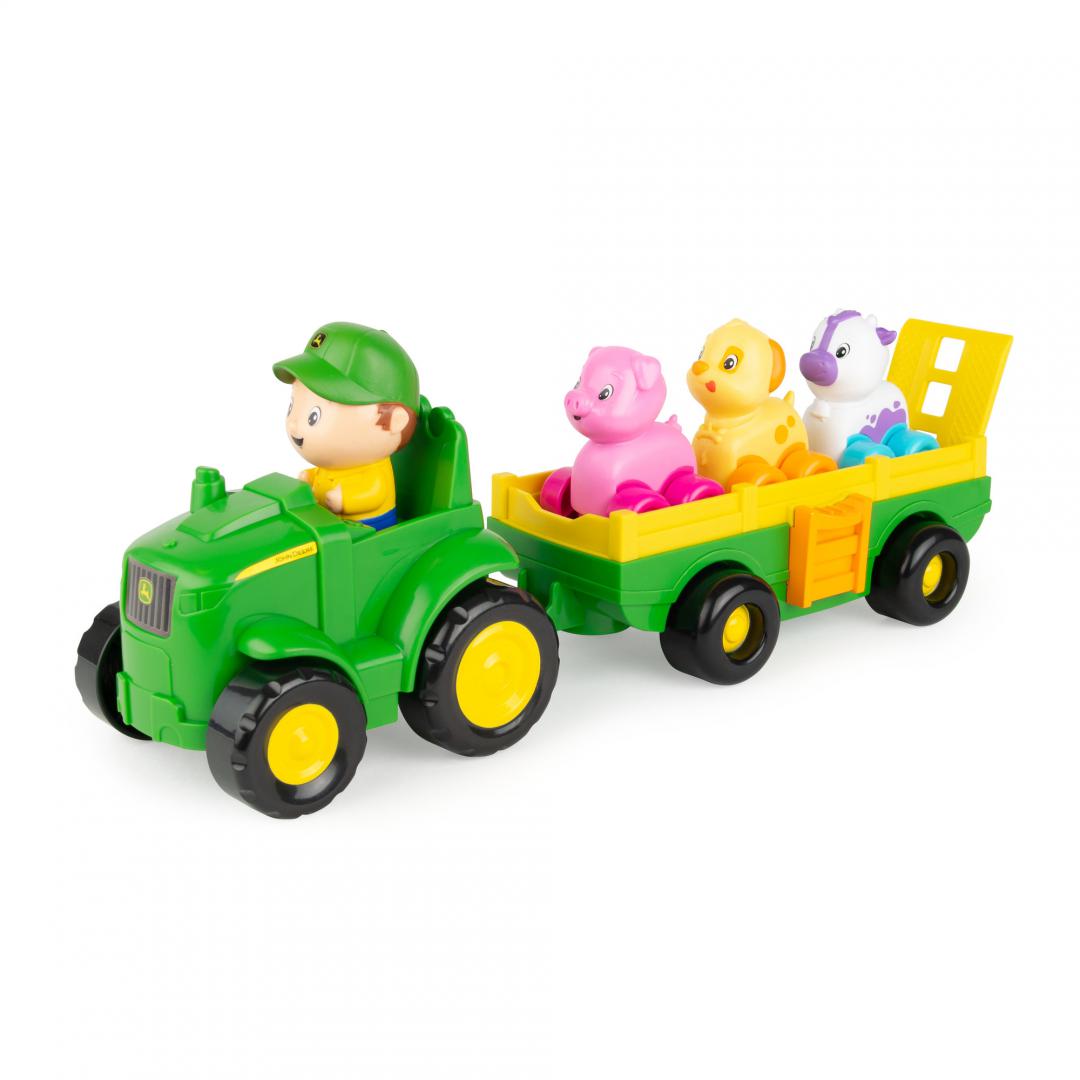 TOMY TRACTORAS CU REMORCA, ANIMALUTE SI SUNETE, JOHN DEERE, T47276