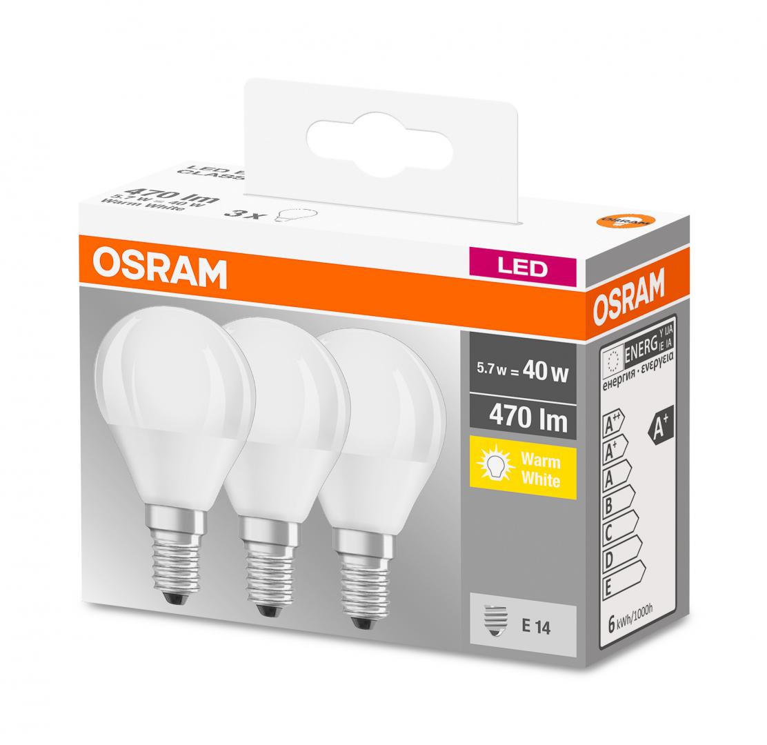 Osram SET 3 becuri LED, soclu E14, putere 5.7W, forma clasic, lumina alb calda, 000004058075090507
