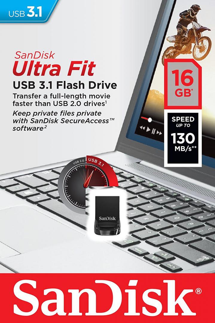 Sandisk MEMORIE USB 3.1 16 GB, profil mic, carcasa plastic, negru, SDCZ430-016G-G46