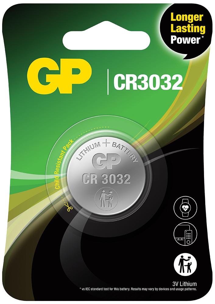 GP Batteries Baterie, butoni (CR3032) 3V lithium, blister 1 buc. "GPCR3032E-2CPU1", GPPBL3032001