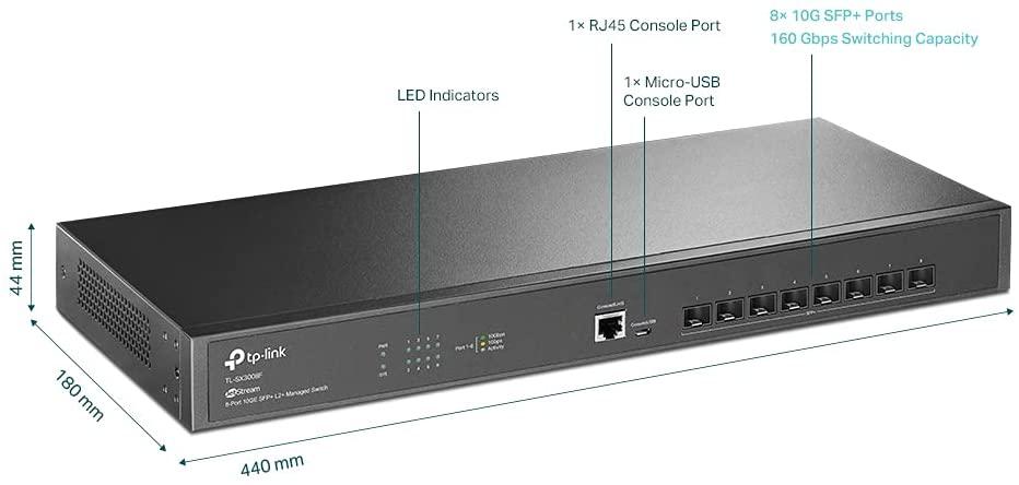 TP-LINK JetStream™ 8-Port 10GE SFP+ L2+ Managed Switch, 8× 10G SFP+ Slots, QoS, OAM, DDM, TL-SX3008F