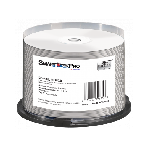 Verbatim BLANCURI SmartDisk Pro BD-R 25GB 6X White Inkjet Printable 50PK Spindle, 69835