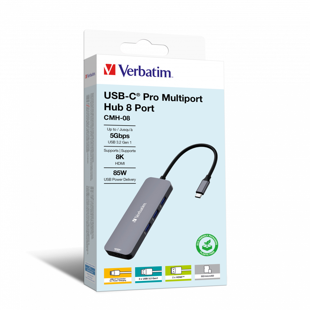 Verbatim DOCKING Station USB C PRO MULTIPORT 8 PORT CMH 2 x HDMI, 3 x USB-A 3.2 Gen1, 1 x SD, 32151