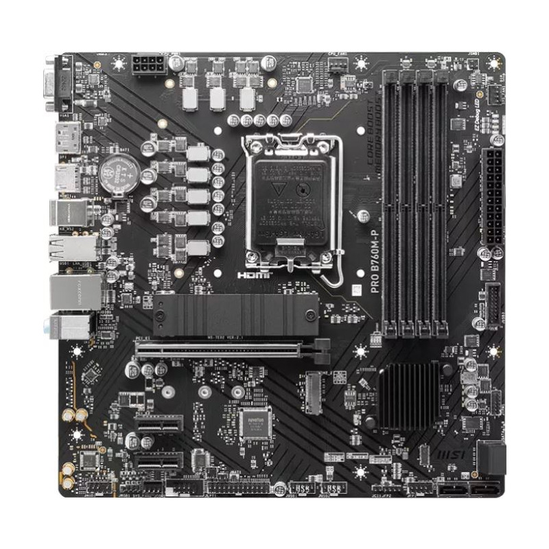 MSI mATX, LGA 1700, DDR5 6800, 1x PCIe x16 slots, 2x M.2 slots, 1x HDMI, 1x DP, 1x VGA, PRO B760M-P