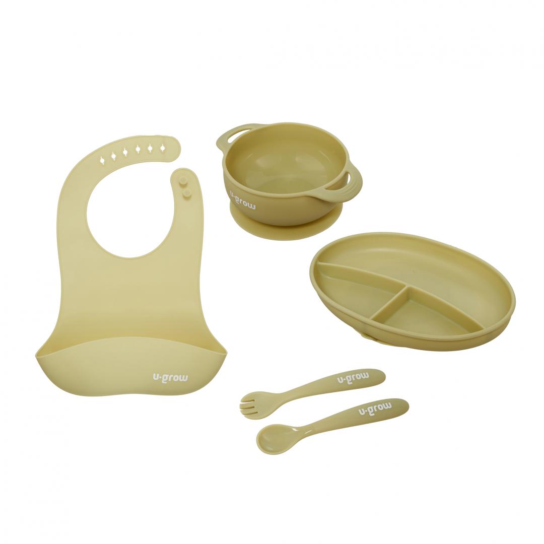 U-GROW Set diversificare 5 piese silicon : baveta, bol, farfurie, lingurita si furculita, UG-SET2OV
