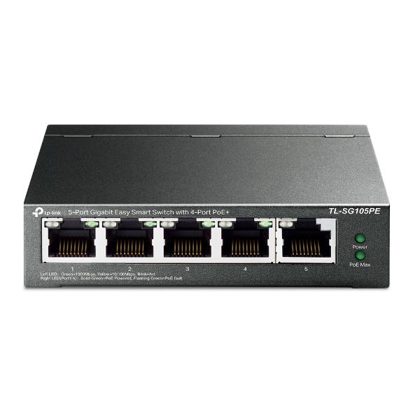 TP-LINK 5-Port Gigabit Easy Smart Switch with 4-Port PoE+, 4× Gigabit PoE+ Ports, QoS, TL-SG105PE