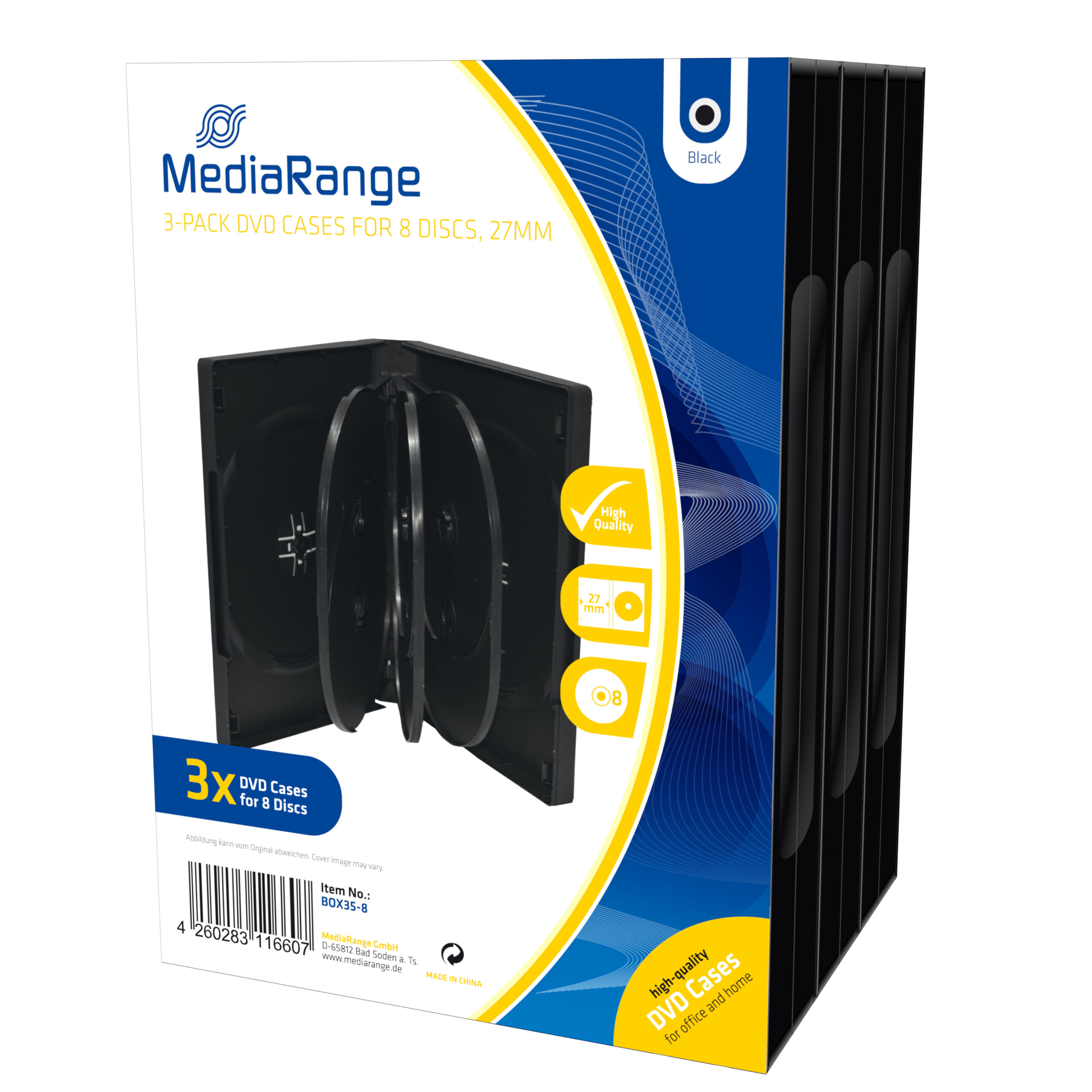 MediaRange DVD Case for 8 discs, 27mm, black, Pack 3, BOX35-8