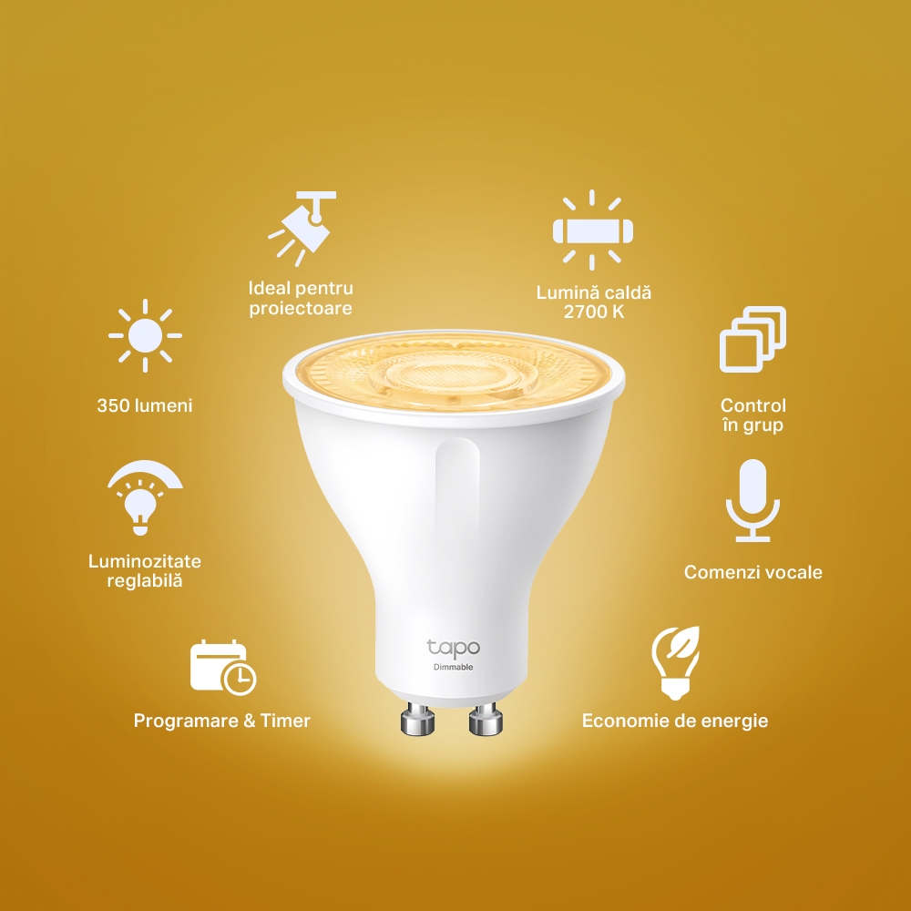 Tp-Link BEC LED wireless, 350lm, 2.9W, fasung GU10, lumina calda 2700K, control prin, Tapo L610 - imagine 3