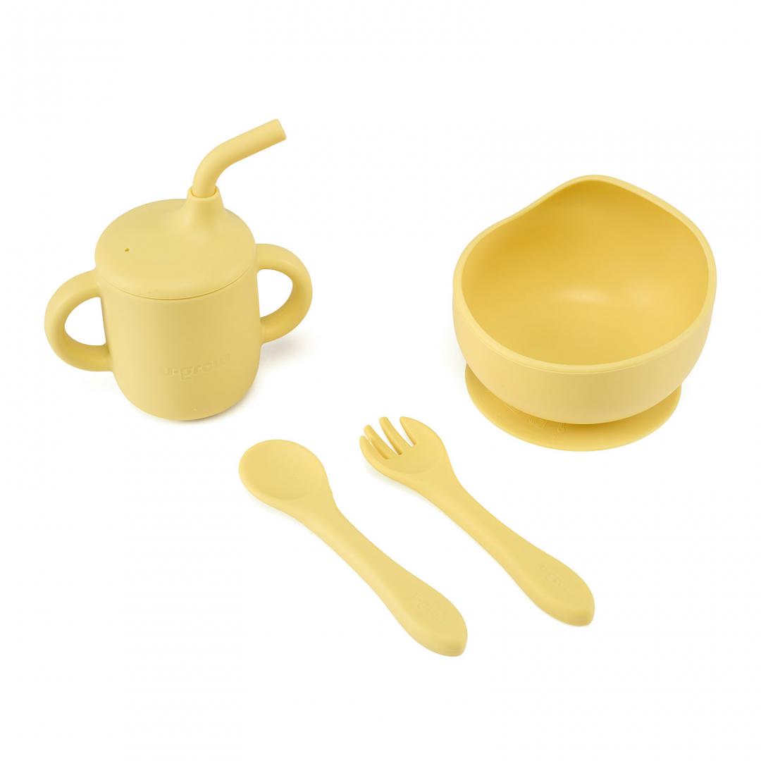 U-GROW Set 4 piese diversificare din silicon: Cana cu pai, bol, lingurita si furculita, UG-422YE