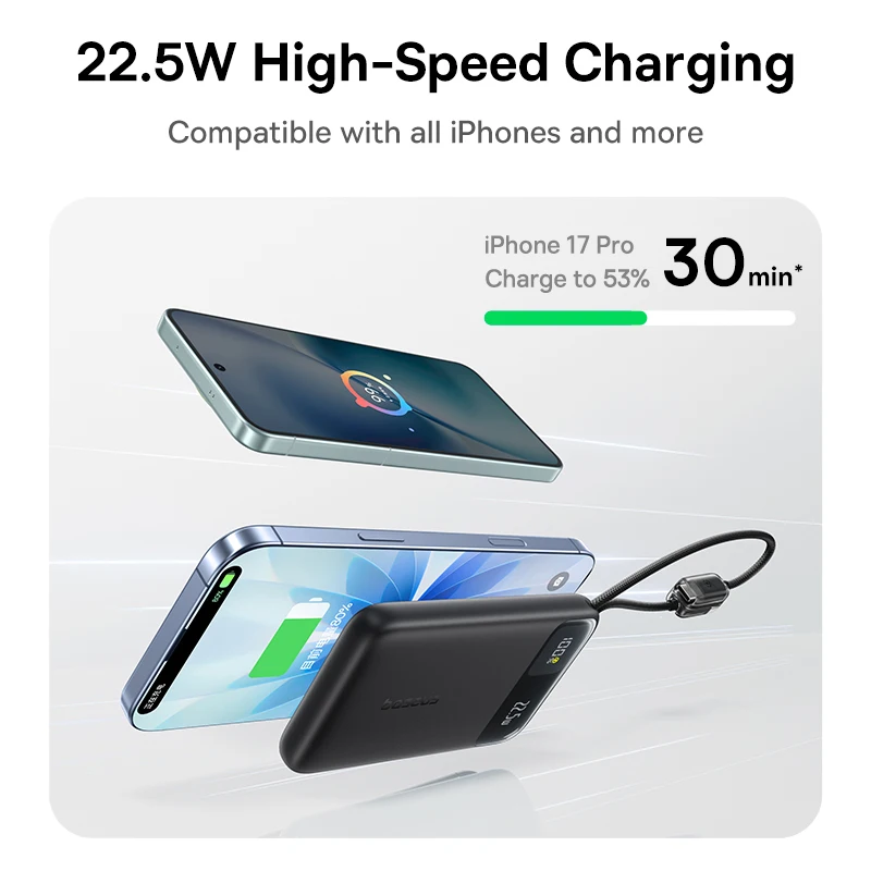 Baseus POWER BANK EnerFill FC11, 10000mAh, cablu integrat USB Type-C si Iphone Lightning, E0027R04 - imagine 6