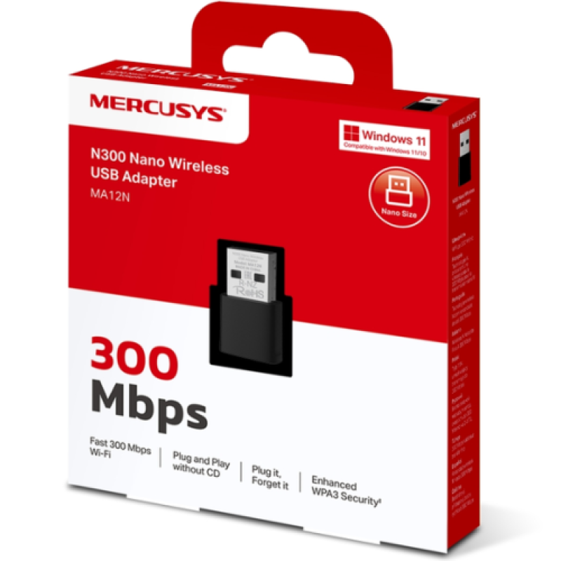 MERCUSYS Adaptor Wireless N300, WIFI 4, Mesh, Single Band, MA12N