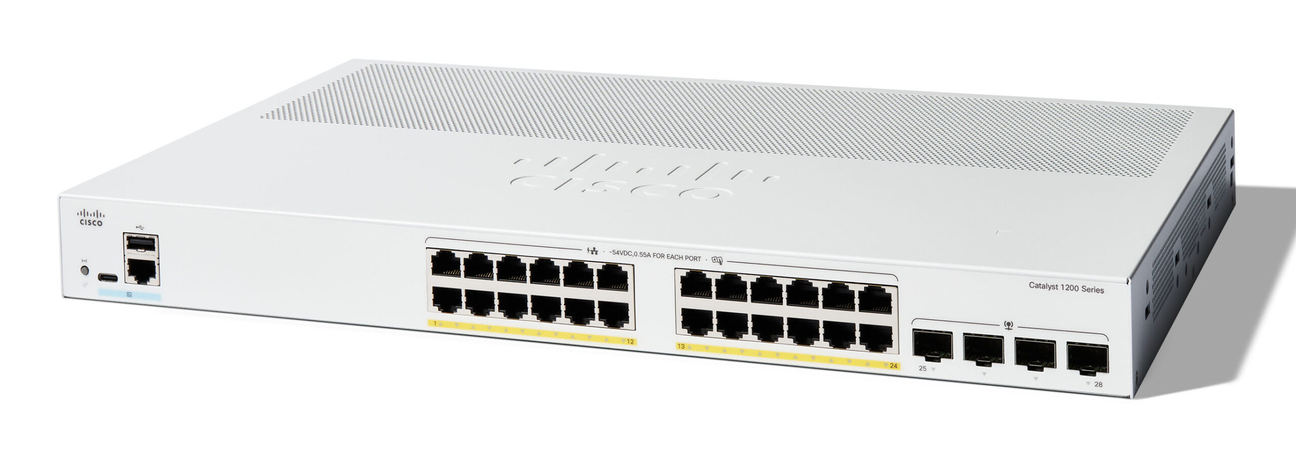 CISCO Switch Catalyst, 24 porturi RJ-45, 4 porturi SFP, PoE+, 1U (Alb), C1200-24P-4G