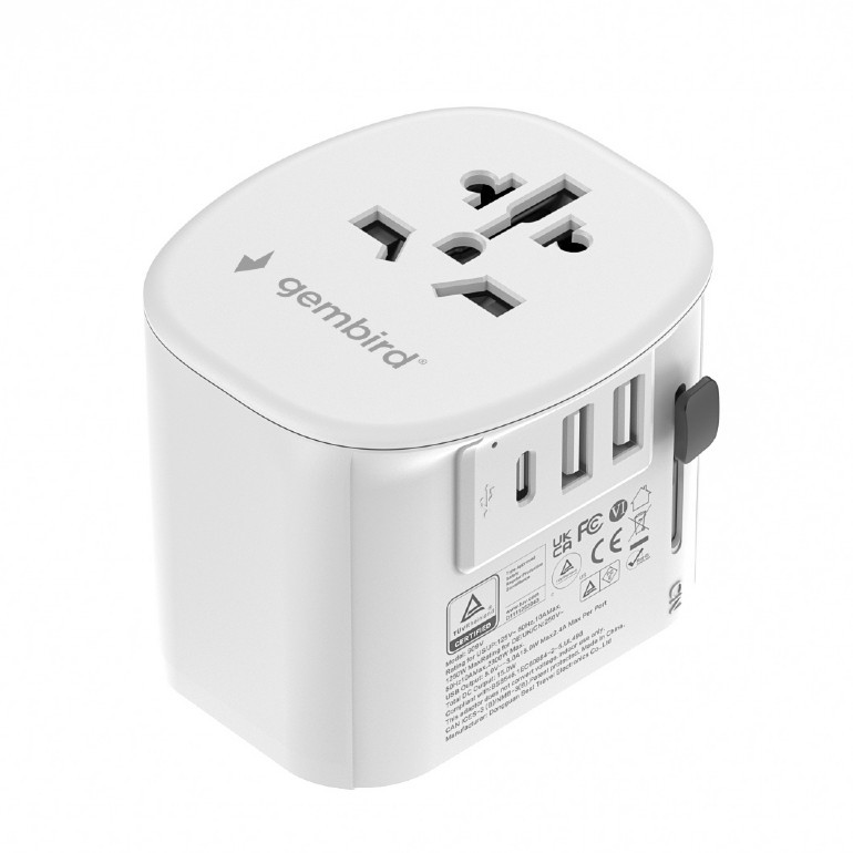 Gembird ADAPTOR, universal, conectori: US/UK/EU/AU, 1x USB Type-C 15W, 2x USB-A, TPA-EU2A1C15-01-W
