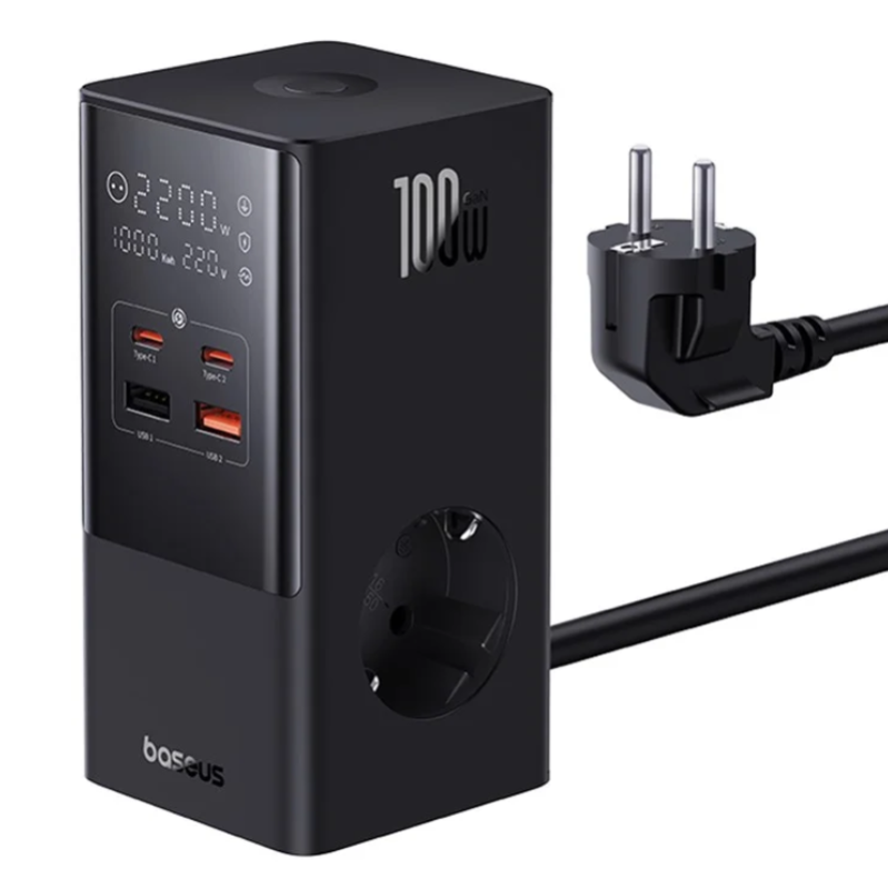 BASEUS Incarcator PowerCombo Tower, 100 W, 6 porturi, Negru, E00023609113-00