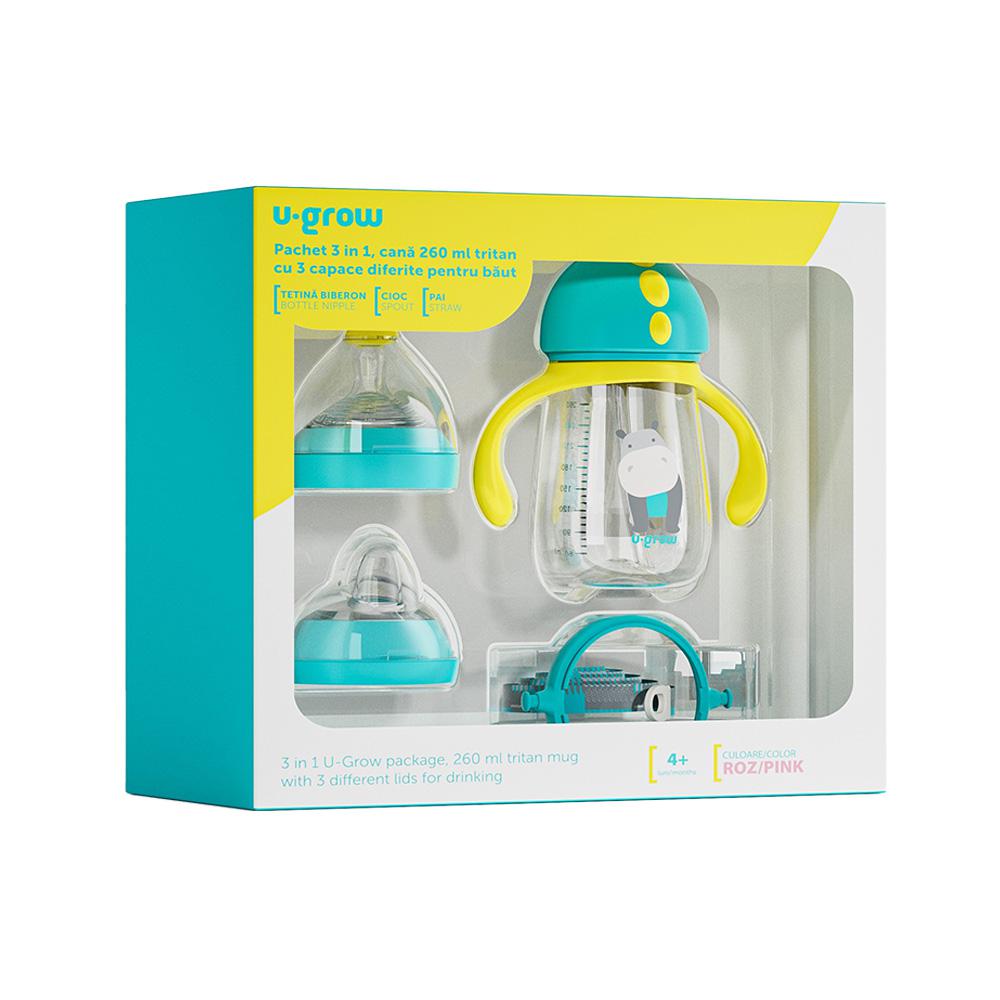 U-GROW Pachet 3 in 1 cana 260 ml tritan cu 3 accesorii diferite pentru baut : tetina, UG-3IN1-BL