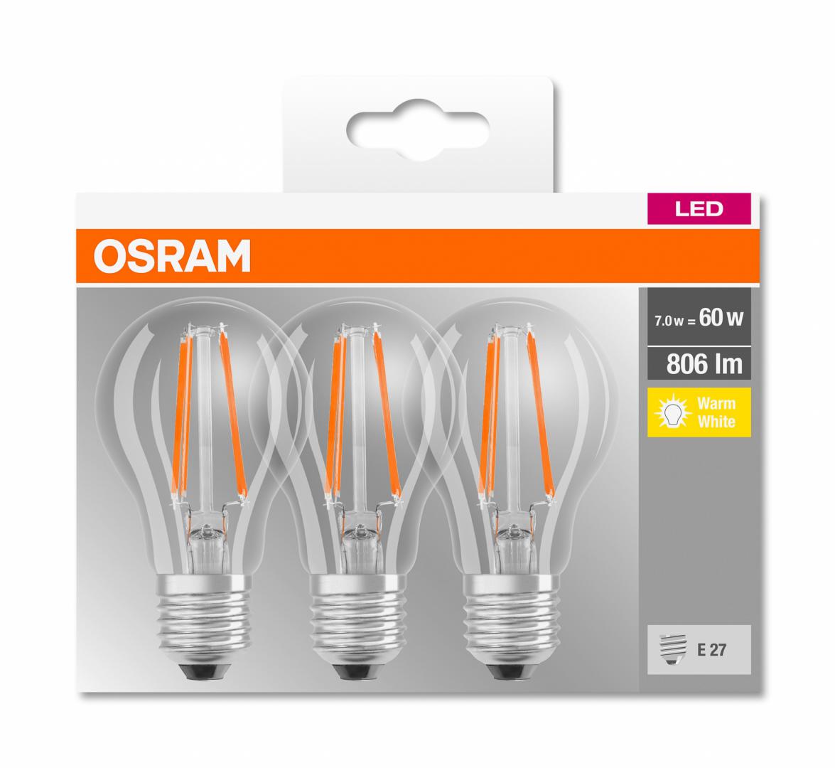 Osram SET 3 becuri LED, soclu E27, putere 7W, forma clasic, lumina alb calda, 000004058075819290