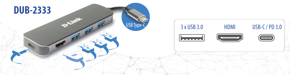D-Link HUB extern,porturi 3xSuperSpeed USB 3.0,1xUSB-C with data sync & PD-60W,1xHDMI, DUB-2333 - imagine 2