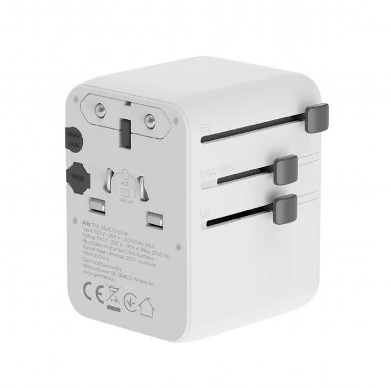 Gembird ADAPTOR, universal, conectori: US/UK/EU/AU, 2x USB Type-C PD 70W, 2x USB-A, TPA-2A3C70-01-W