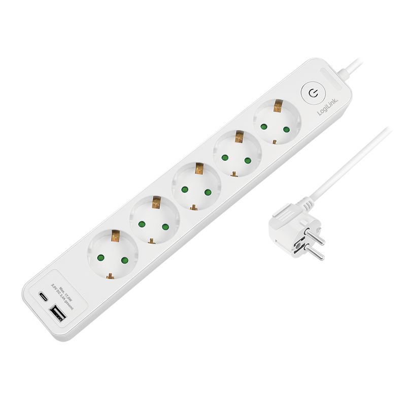 Logilink PRELUNGITOR, Schuko x 5, conectare prin Schuko (T), ON/OFF, 16 A, 1xUSB-A, 1xUSB-C, LPS280U - imagine 2