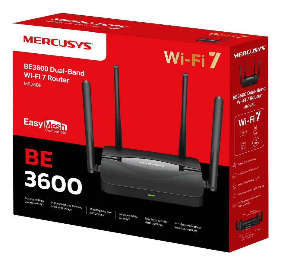 Mercusys ROUTER, BE3600, 1 × Gigabit WAN + 3 × Gigabit LAN, dual band 2.4 / 5 Ghz, Wi-Fi 7, MR25BE - imagine 3