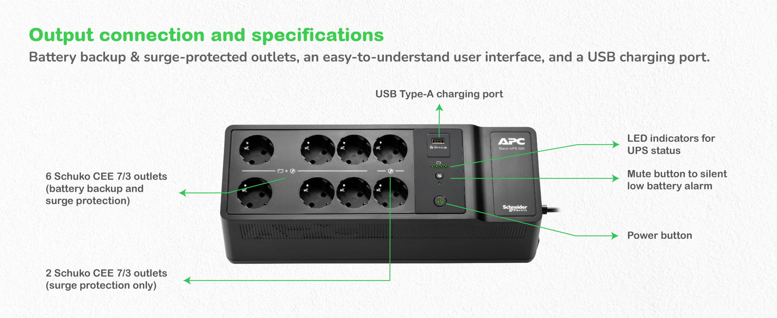 APC Back-UPS 500VA 8 schuko outlets 230V 1 USB charging port, BE500G2-GR - imagine 4