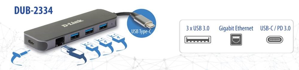 D-Link DOCKING Station, porturi 3 x SuperSpeed USB 3.0, 1 x USB-C with data sync & PD 60W, DUB-2334 - imagine 2