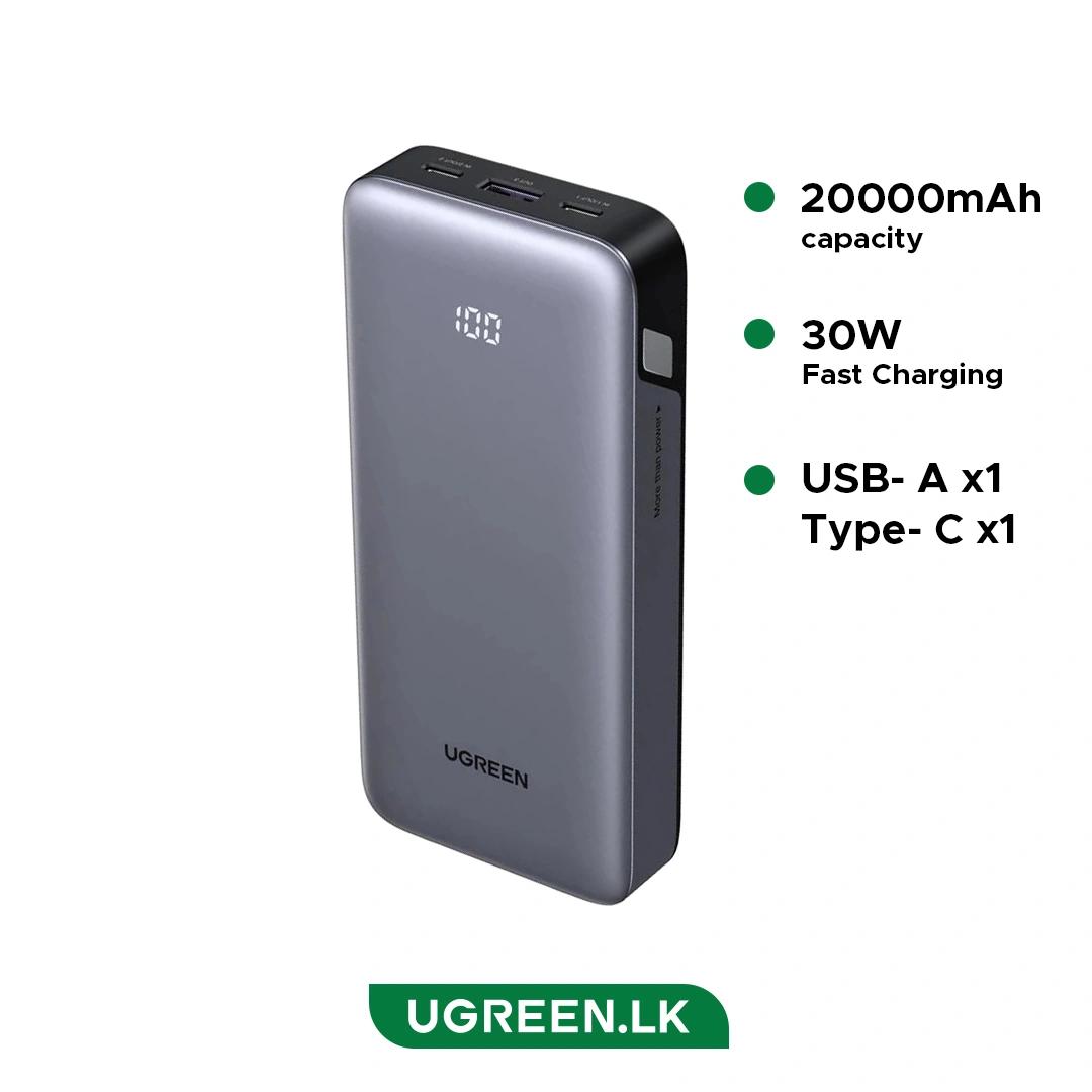 UGreen POWER BANK, PB532, 20000mAh, 30W, 2 x USB Type-C input/output, 1 x USB, display, gri, 55989B