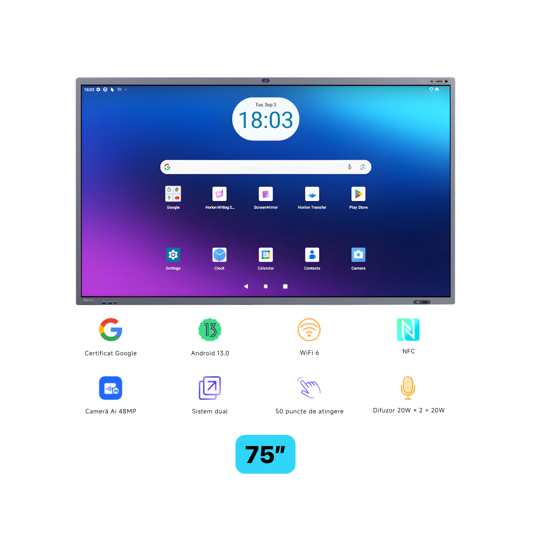 Horion Ecran interactiv 75M6APro, 75 inch, 8GB DDR4 + 128GB Standard, Android 13, A31D2, HO-75M6APRO