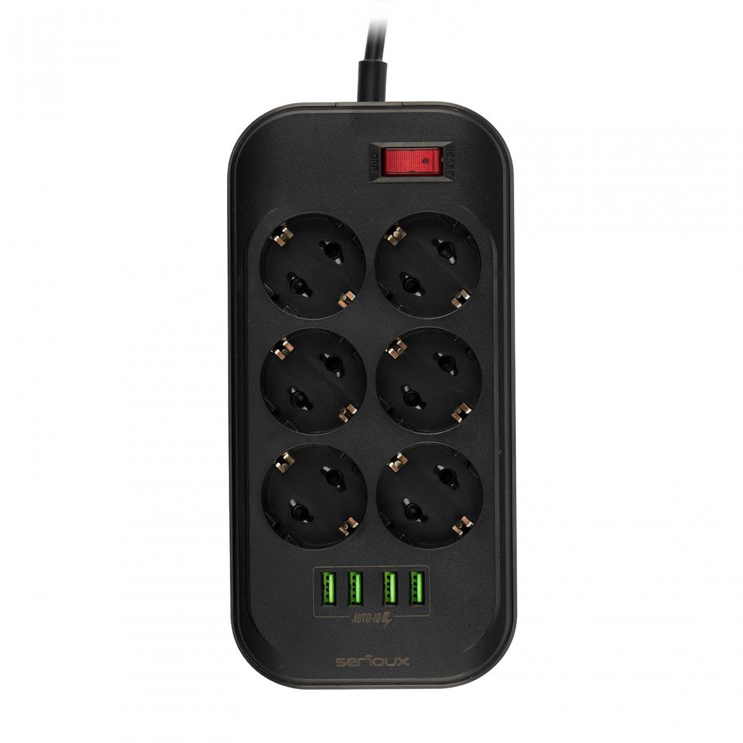 SERIOUX Prelungitor cu protectie, 6 prize schuko, input 100-240V, 50- 60Hz, output, SRXP-PS66B