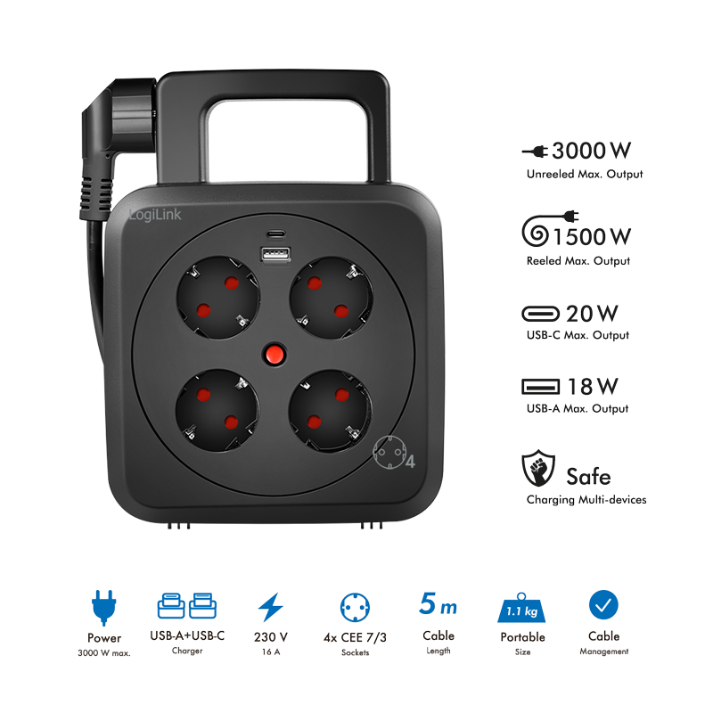 Logilink PRELUNGITOR, Schuko x 4, conectare prin Schuko (T), 16 A, 1xUSB-A, 1xUSB-C, LPS504 - imagine 2