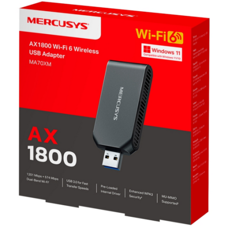 Mercusys ADAPTOR RETEA, AX1800 extern wireless Dual-Band, USB 3.0, 1800 Mbps, antena interna, MA70XM