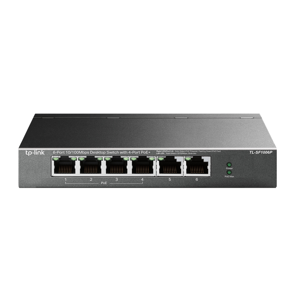 Tp-Link SWITCH PoE 6 porturi 10/100Mbps (4 PoE+), IEEE 802.3af/at, carcasa metalica, TL-SF1006P