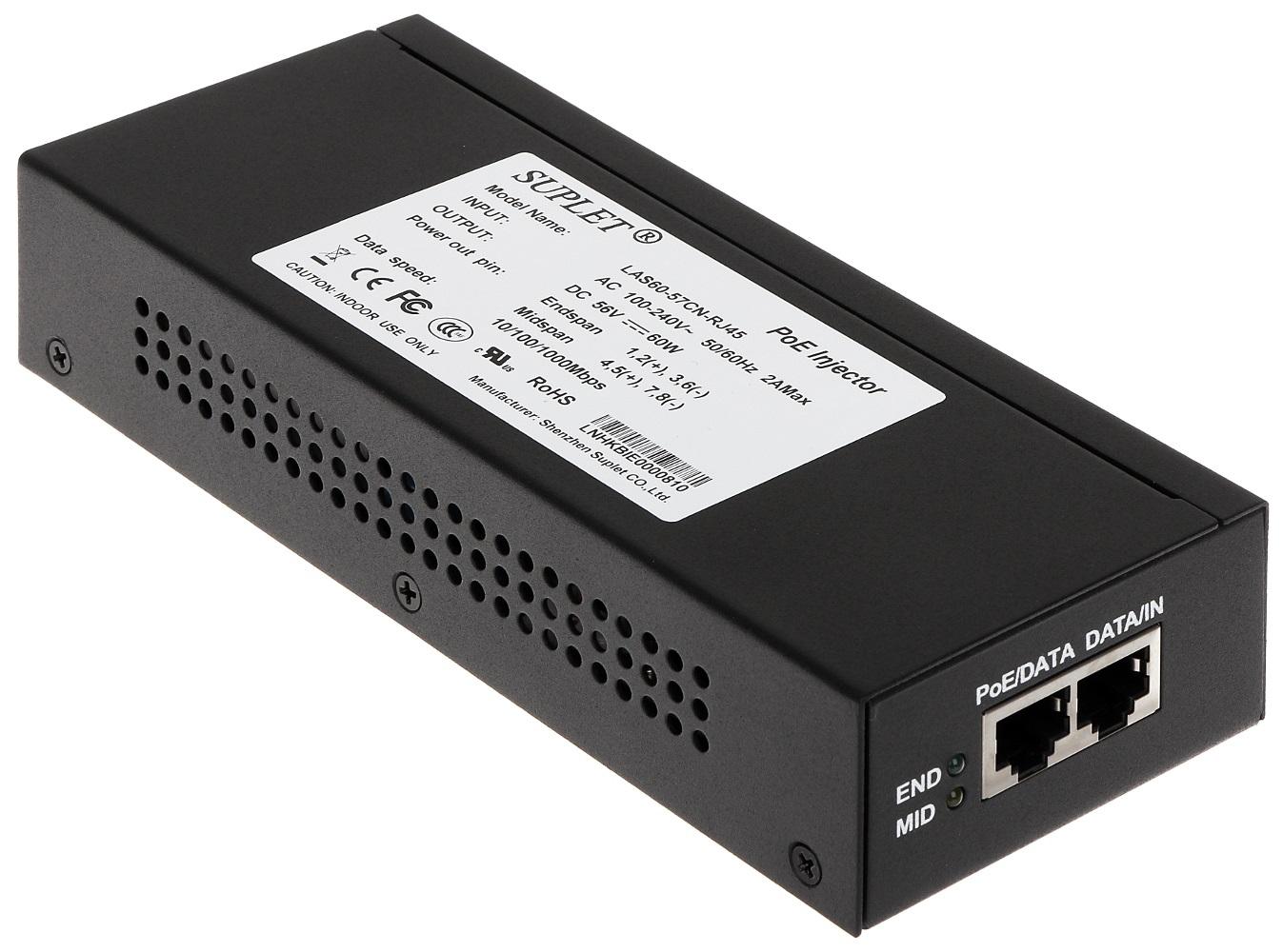 HIKVISION Injector POE, 60W PoE injector, 2* RJ45 interface, 10/100/1000 Mbps, EU, LAS60-57CN-RJ45