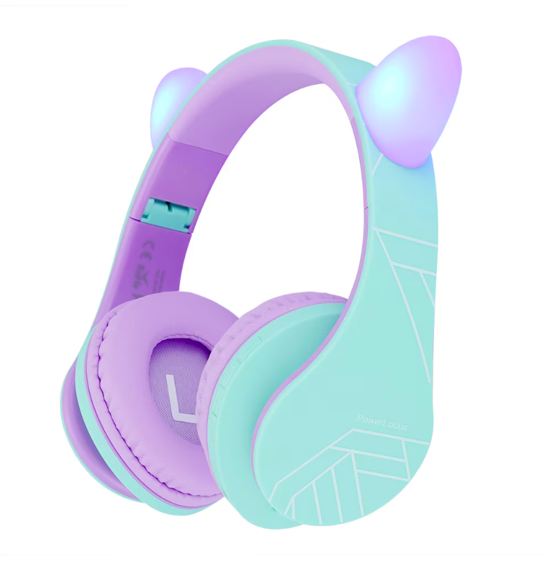 POWERLOCUS Casti Over-ear KidsCat, Wireless/Wired, Multicolor, PWL-P2KIDSCAT-TEALPURPLE