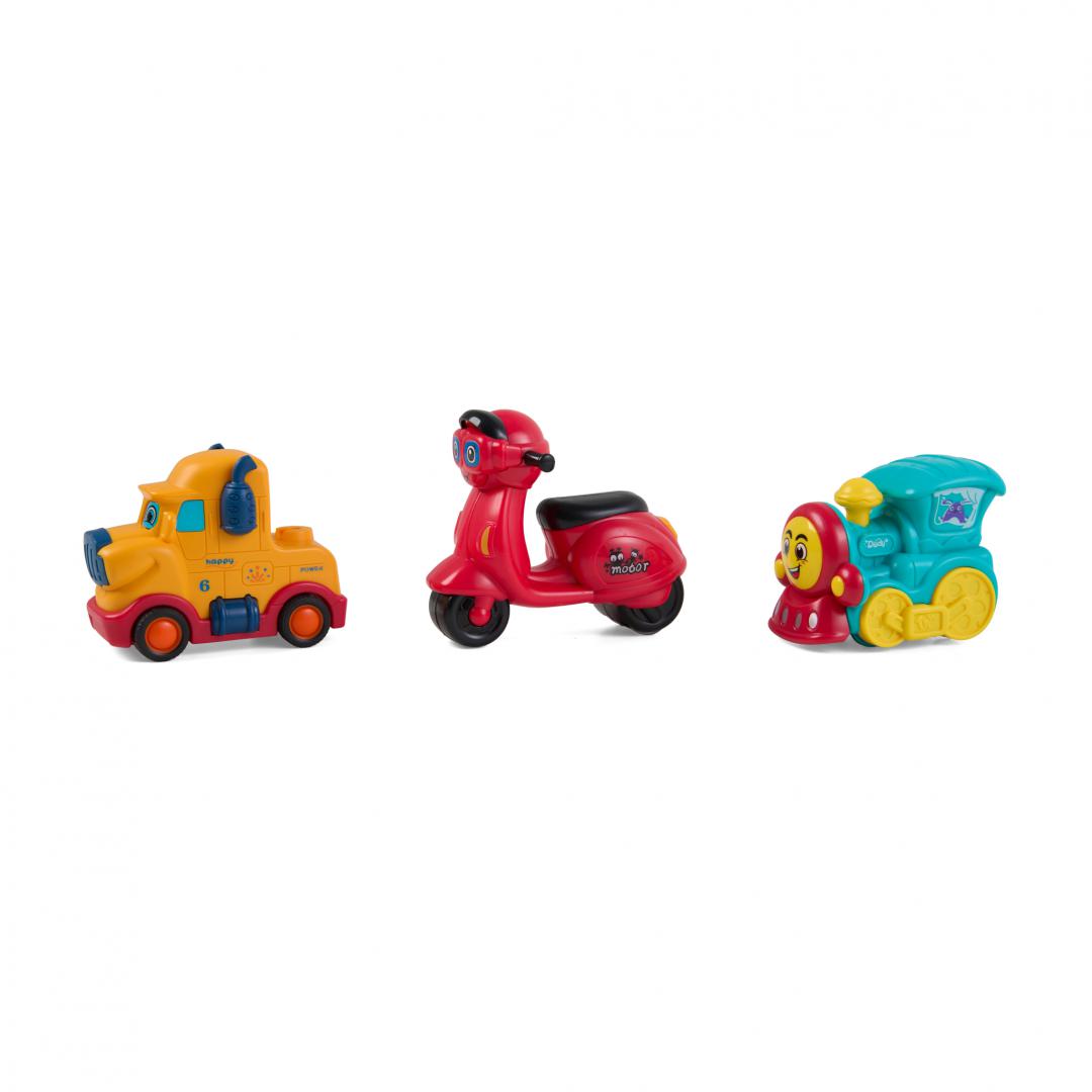 MomKi SET 3 VEHICULE ACTIONATE PRIN INERTIE- MASINUTA GALBENA, SCUTER ROSU, TREN, MOMKI899-17AG