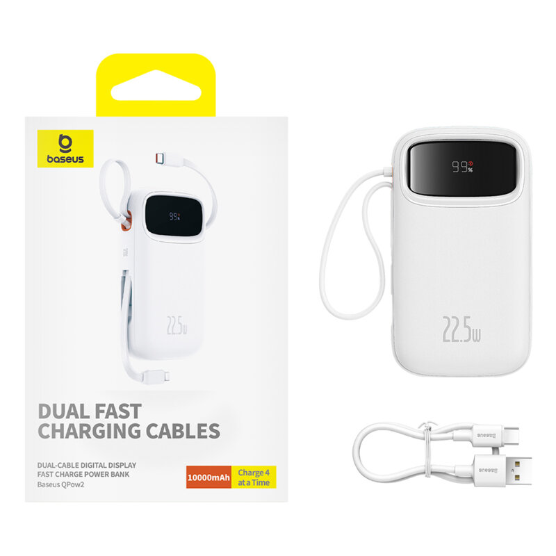 Baseus POWER BANK Qpow2 Dual-Cable, 10000mAh, PD 3.0 + QC 3.0 22.5W, 1 x USB; 1 x, P10055003223-00 - imagine 2