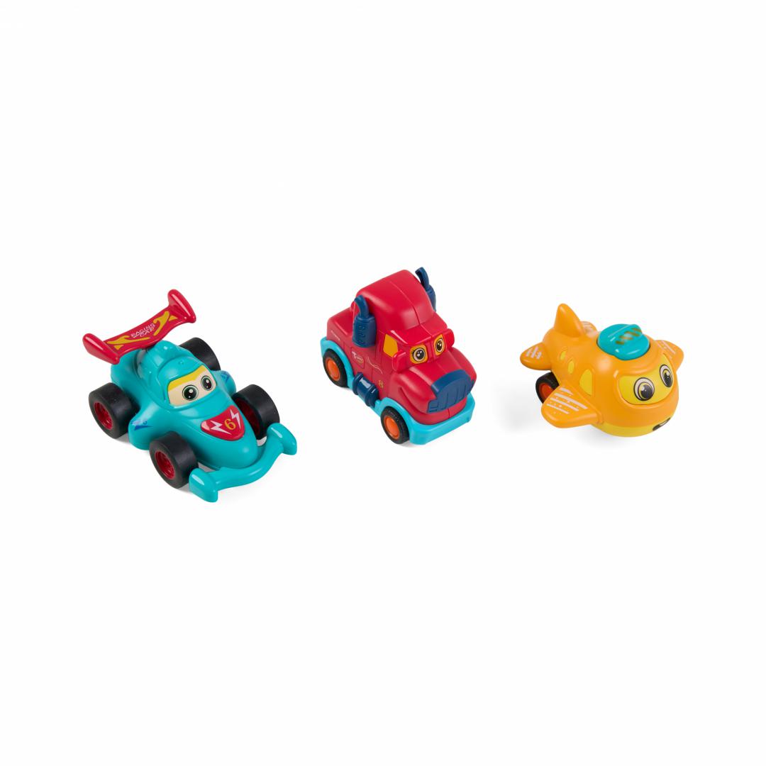 MomKi SET 3 VEHICULE ACTIONATE PRIN INERTIE- CAMION ROSU, MASINA DE CURSE ALBASTRA, MOMKI899-17ER