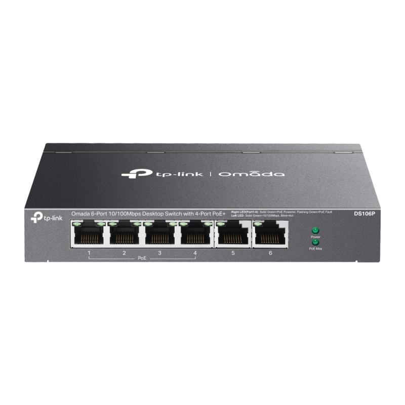 TP-LINK Omada 6-Port 10/100 Mbps Desktop Switch with 4-Port PoE+, 4× 10/100 Mbps PoE+ Ports, DS106P