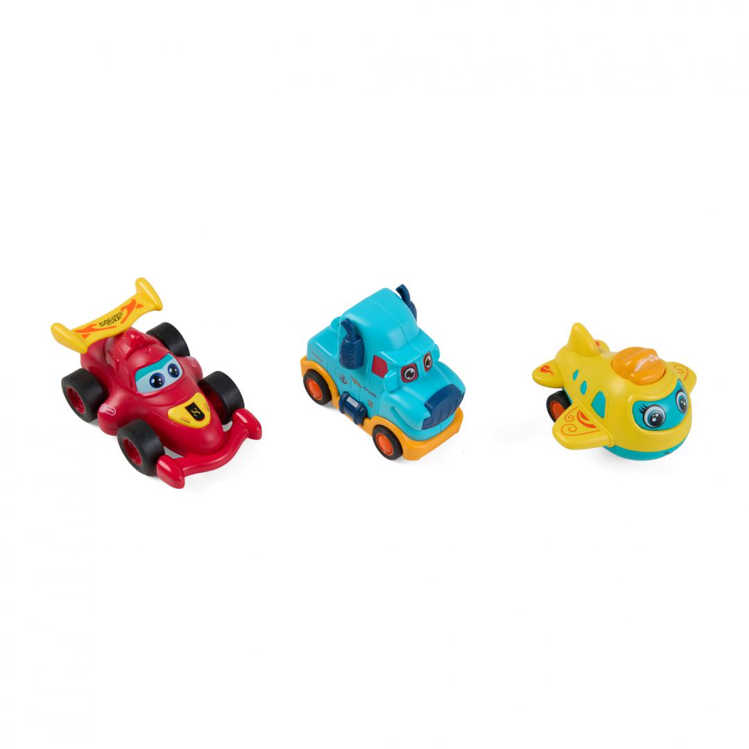 MomKi SET 3 VEHICULE ACTIONATE PRIN INERTIE- CAMION ALBASTRU, MASINA DE CURSE ROSIE, MOMKI899-17EABS
