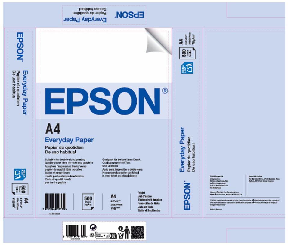 EPSON Hartie A4 de uz zilnic, alba, 210 mm x 297 mm, pachet 500 coli, 75 gsm., C13S450506