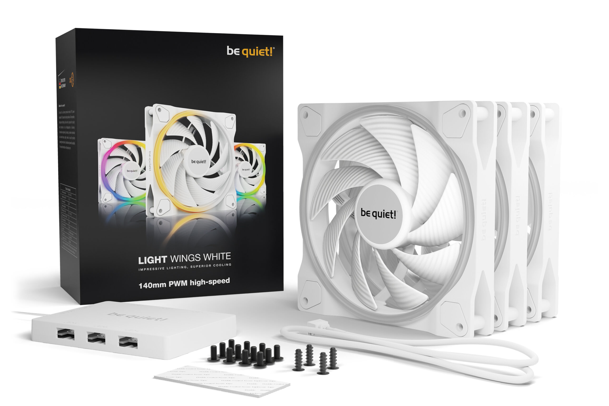 Be Quiet Set 3 ventilatoare ! LIGHT WINGS White140mm 2200 rpm, Rifle bearing, 4-pin PWM, ARGB, BL103 - imagine 2