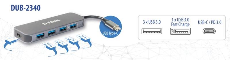 D-Link HUB extern, porturi 3 x SuperSpeed USB 3.0, 1 x QC, 1 x USB-C (Thunderbolt 3) port, DUB-2340 - imagine 2