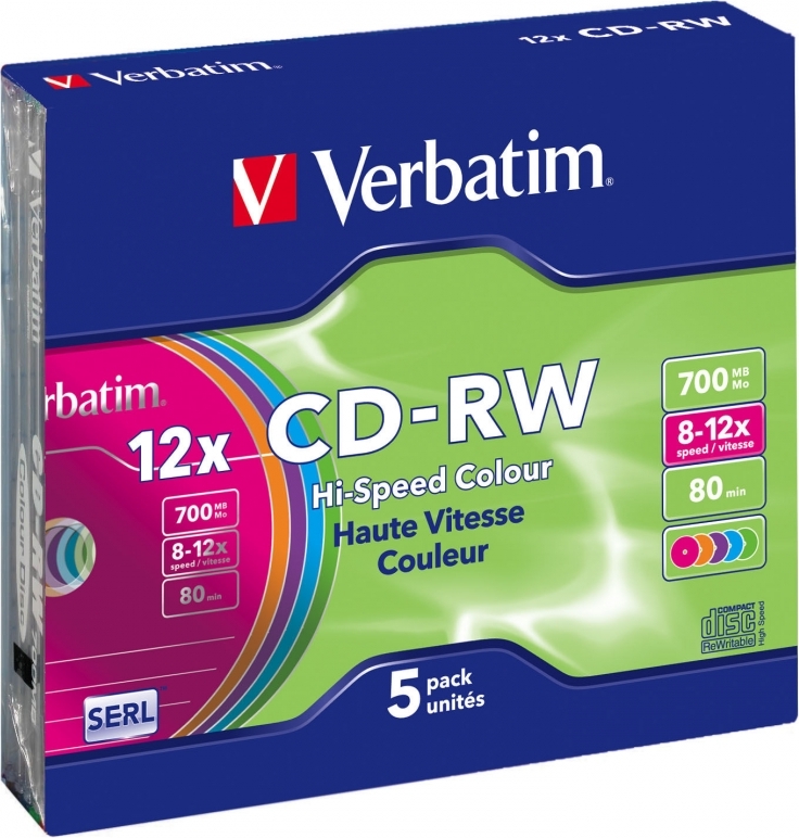Verbatim CD-RW 700MB, 80min, viteza 8-12x, 5 buc, carcasa, "Colour 12x" /261910", 43167