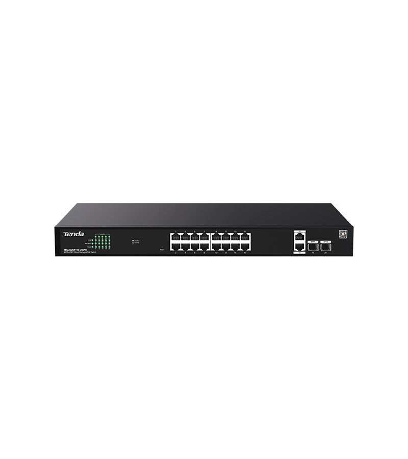 Tenda SWITCH PoE cloud managed, 18 GE+2 SFP porturi Gigabit, buget PoE 250W, TEG2220P-16-250W